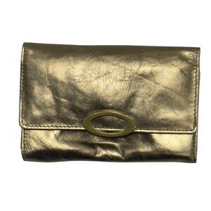 Kate Landry Genuine Leather Metallic Gold Wallet Multiple Card Slots Zipper Pock